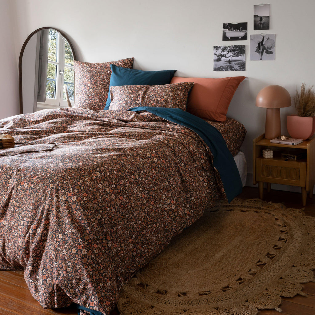 Square Pillowcase in Cotton Percale Neo Prussian Blue Floral - Carré Blanc Canada