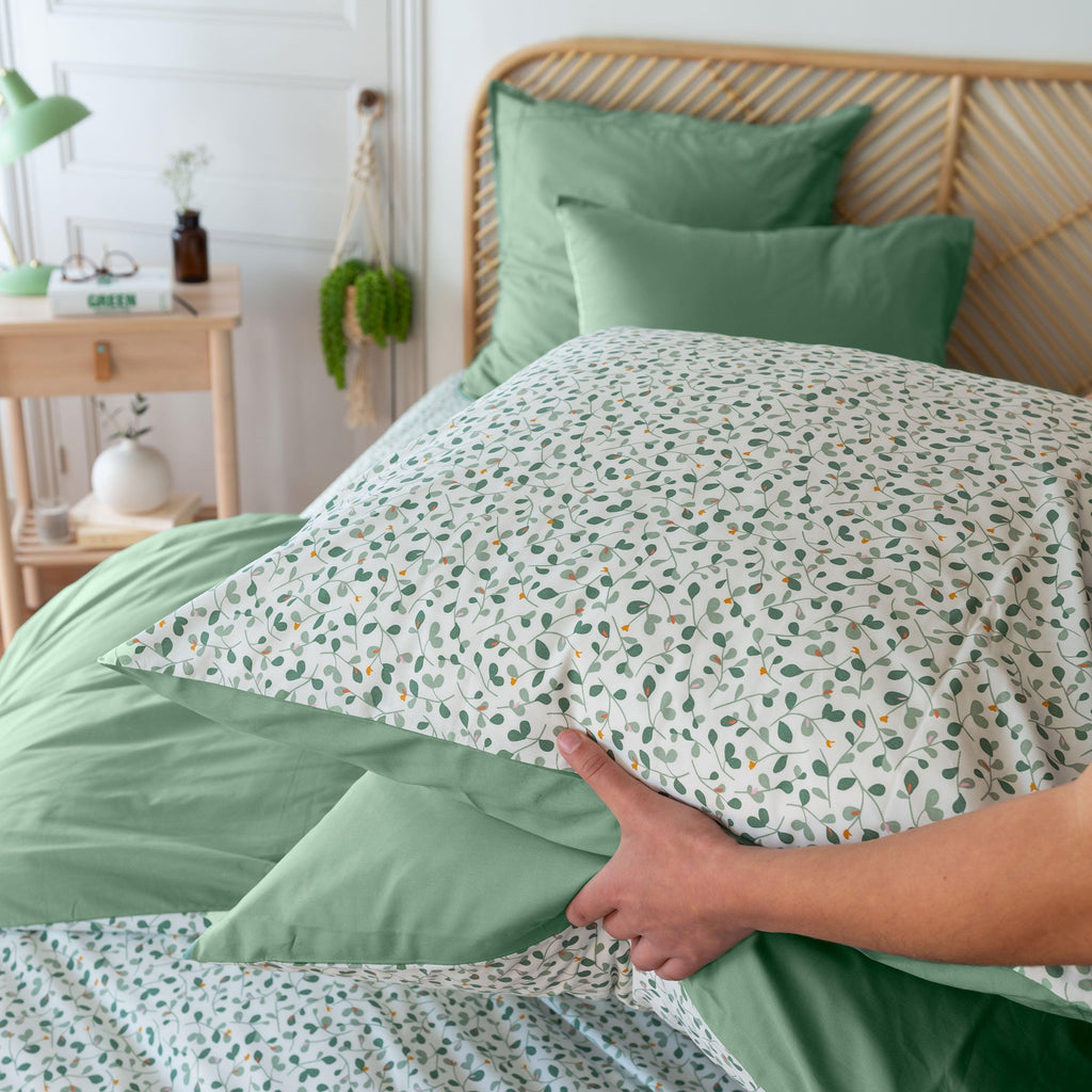 Square Pillowcase in Cotton Percale Neo Thyme Vegetal - Carré Blanc Canada