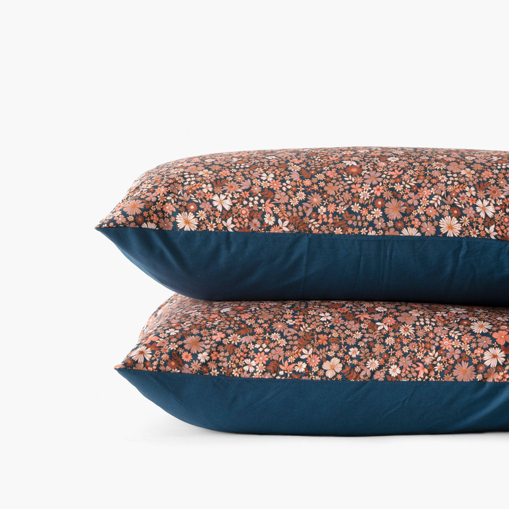 Rectangular Pillowcase in Cotton Percale Neo Prussian Blue Floral - Carré Blanc Canada