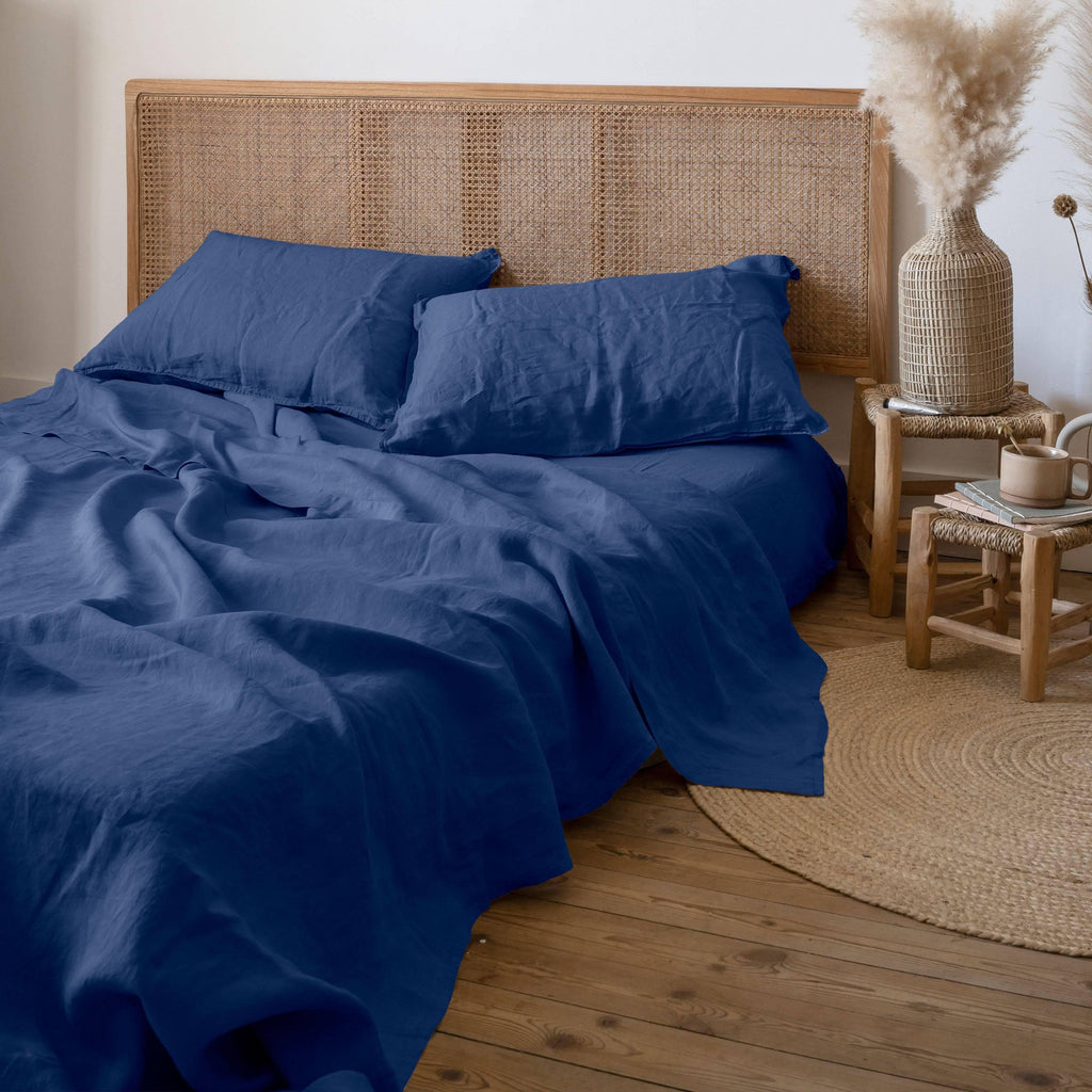 Flatsheet in Washed Linen Songe China Blue - Carré Blanc Canada