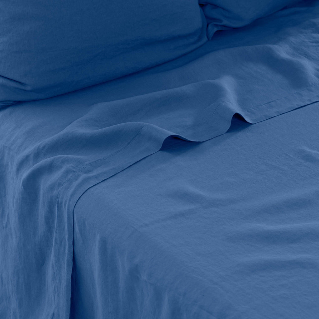 Flatsheet in Washed Linen Songe China Blue - Carré Blanc Canada