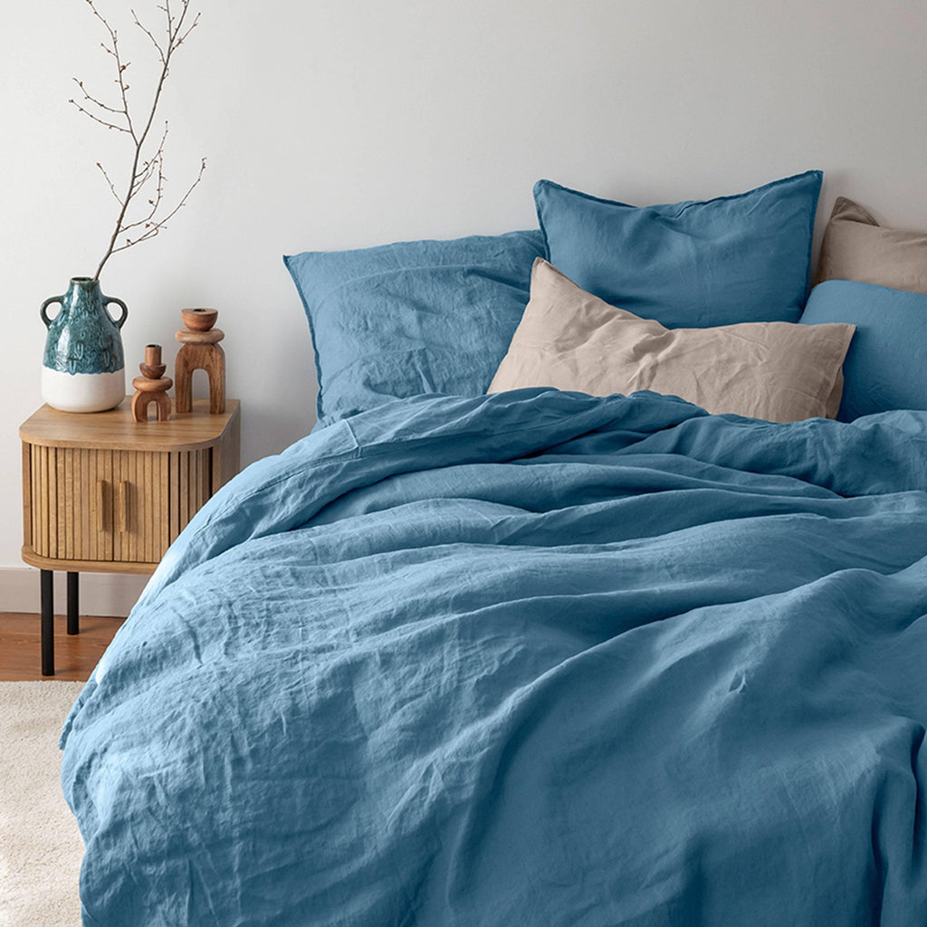 Duvet Cover in Linen and Washed Cotton Songe Baltic Blue - Carré Blanc Canada