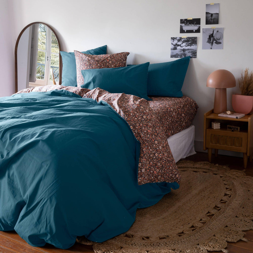 Duvet Cover in Cotton Percale Neo Prussian Blue Floral - Carré Blanc Canada