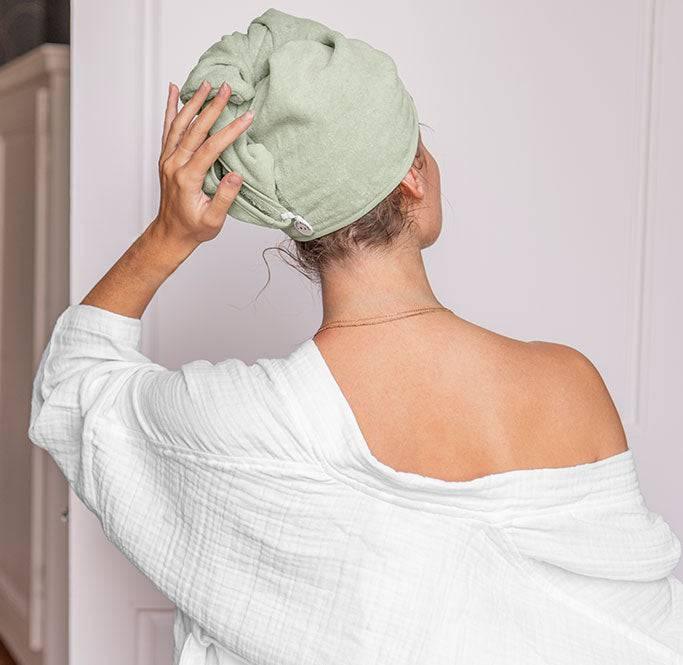 Hair Towel in Organic Cotton Naturelle Eucalyptus - Carré Blanc Canada