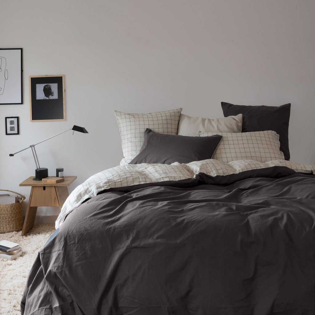 Duvet Cover in Linen and Washed Cotton Songe Charcoal Tiles - Carré Blanc Canada