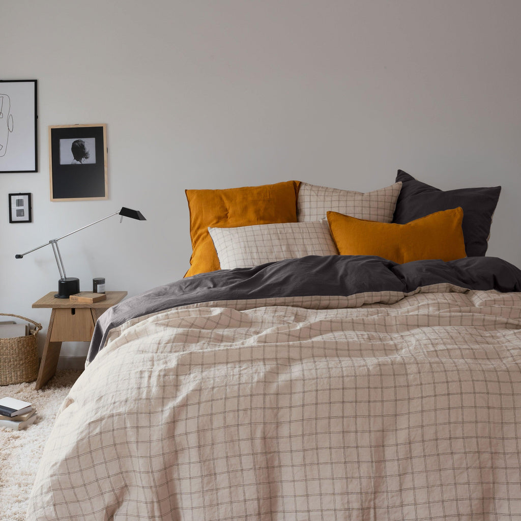 Duvet Cover in Linen and Washed Cotton Songe Charcoal Tiles - Carré Blanc Canada