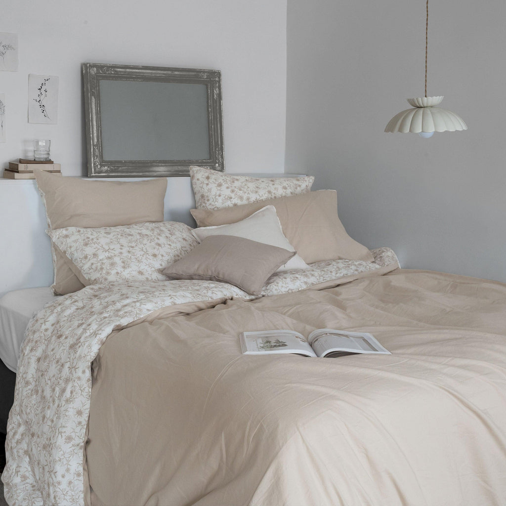 Duvet cover in Linen and Washed Cotton Songe Floral Beige - Carré Blanc Canada